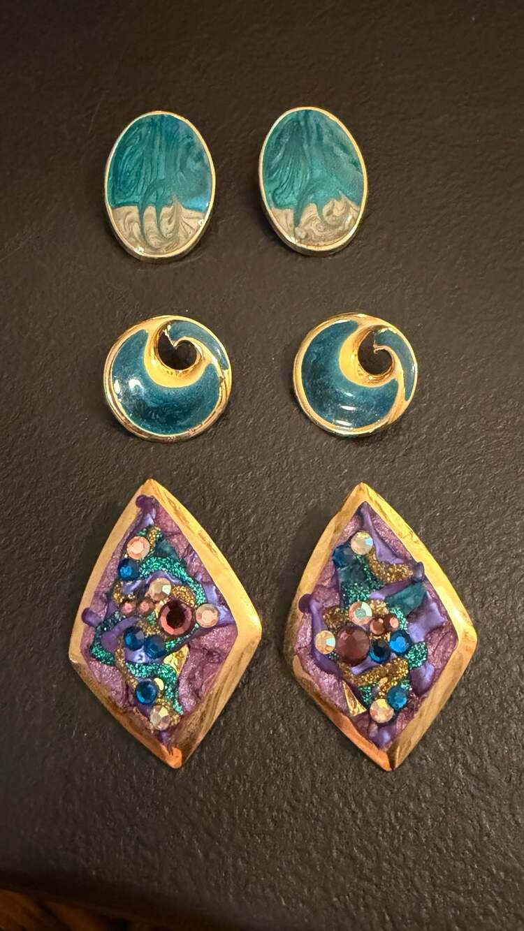 Vintage Mixed Lot of 3 Pairs Blue Purple Enamel and Crystal Earrings